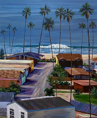 Mobile homes in California that are surrounded by palm trees and crashing waves. Tropical and inviting landscape. Time for a swim!