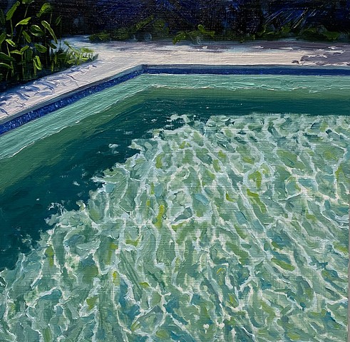Relaxing waters welcome sunbathing and swimming in this David Hockney inspired pool painting