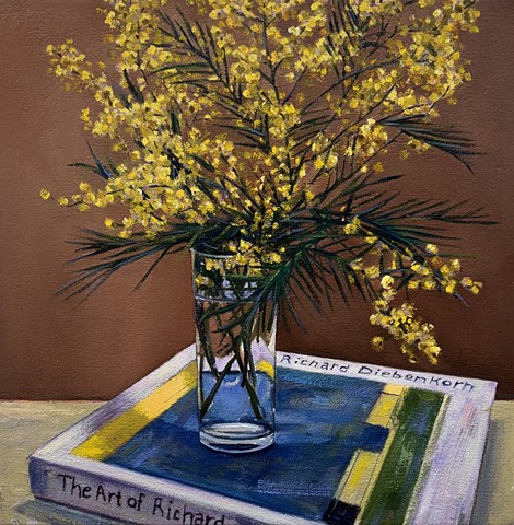 mimosa, Ocean Park series, Richard Diebenkorn, flowers in a vase, still life, hydrangeas, floral, greeting cards, flower arrangement, California coast, Juliet David Austin garden rose, Malibu art,  Art studio Los Angeles, still life painting of flowers, California art, floral design Los Angeles, California lifestyle, orchid arrangem