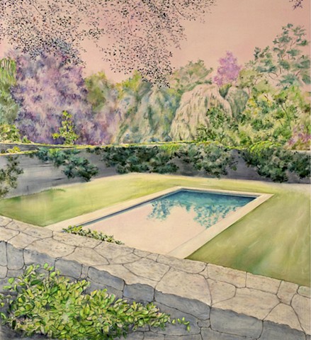 colorfield painting, pool painting inspired by the work of Helen Frankenthaler and Jennifer Bartlett, California pool, sunbathing, swimming, peaceful pool, LA pool,  