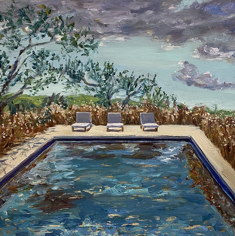 Napa valley, sideways, Ojai valley inn, wine country pool, pool deck, pool painting inspired by David Hockney and his paper pools series in Los Angeles. Contemporary art. tropical garden. California art, Swimmer, Lake Como,retreat