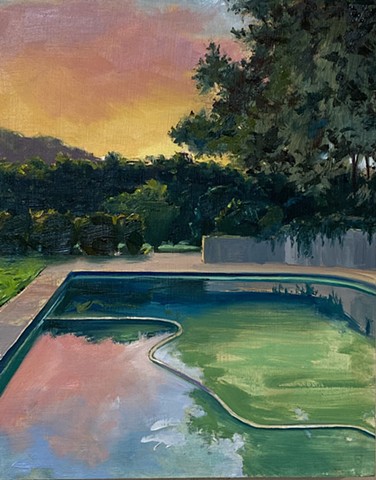 Hollywood hills pool, poolhouse, sunset poolside, California pool, la art, Los Angeles famous, pool painting, California pool, David Hockney inspired, pool toys, California colors, Modern painting, art la, Los Angeles art