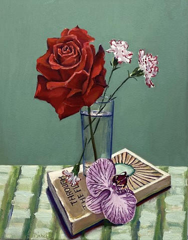 Flowers in a vase, red rose, Judy Chicago, California lifestyle, orchid arrangement, interior styling, Magritte, California interior design, French still life,  Monet, dayinthecountry, still life painting, garden roses, floral art, Gauguin, valentine gift