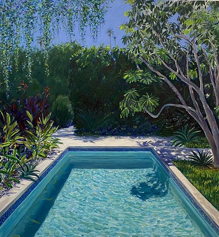 Pool, Southern California, landscape, relaxation, by the pool, privacy hedge, tropical escape, morning meditation, risd alumni, art collector, Hockney inspired pool painting 