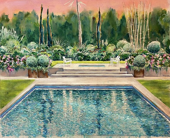 swimming pool, glamorous painting, pool painting inspired by the work of Helen Frankenthaler, David Hockney, Jennifer Bartlett, California pool, sunbathing, swimming, peaceful pool, LA pool,Los Angeles art  