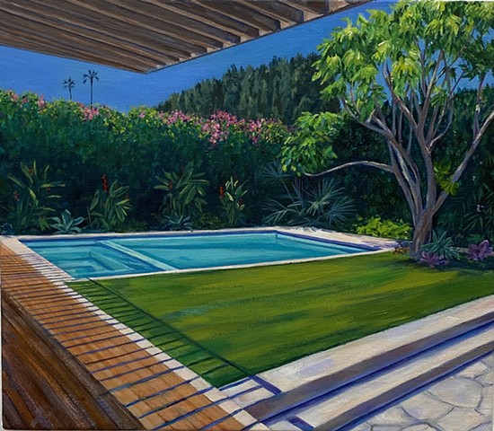Pool painting inspired by David Hockney and his paper pools series in Los Angeles. Contemporary art. tropical garden. retreat