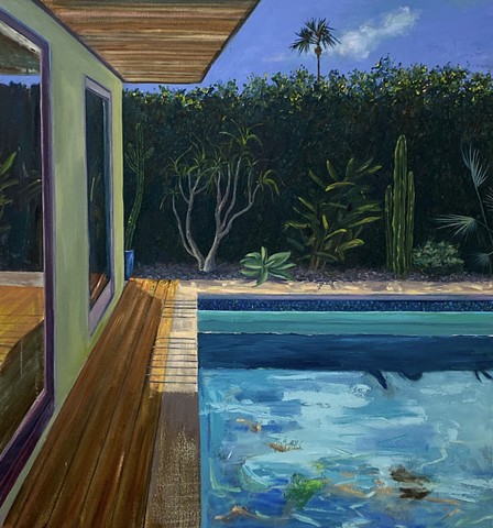 pool painting inspired by David Hockney and his paper pools series in Los Angeles. Contemporary art. tropical garden. California art, Swimmer, Lake Como,retreat