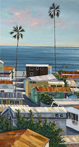 mobile home, pacific palisades, beach painting, villa, village, tinyhouse, landscape painting, tiny house, coastal living, palm tree painting, trailer park, California home decor, Tahitian Terrace, Pacific Palisades, California, PCH, modern art, landscape