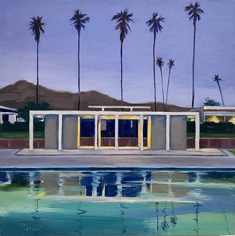 pool, Palm Springs, retro style, midcentury decor, Southern California native plants, palm trees, reflections, Santa Monica canyon, contemporary art, Art Los Angeles