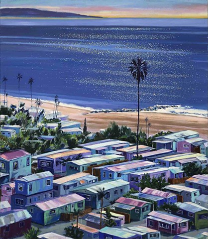 Mobile home, mobile home art, beach houses, Americana, americanwest, tinyhouse, landscape painting, tiny house, coastal living, palm tree painting, trailer park, Tahitian Terrace, Pacific Palisades, California, PCH, modern art, landscape painting, america