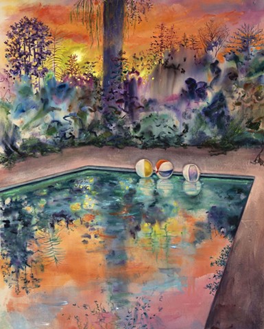 pool, Beverly Hills Pool, painting of pool, Palm Springs, Beverly Hills pool, pool paintings, retro style, midcentury decor, Southern California native plants, palm trees, reflections, Santa Monica canyon, contemporary art, David Hockney inspired, Art Los