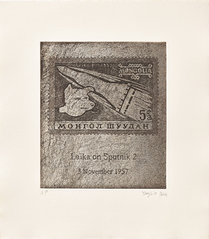 etching, printmaking, intaglio, history, stamp, record, Laika, Sputnik 2, Yangbin Park