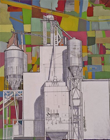 Grain Elevator Drawing with Multicolored Field Matrix Background
