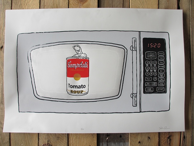 Screen print poster of a Microwave with Campbells Soup Can