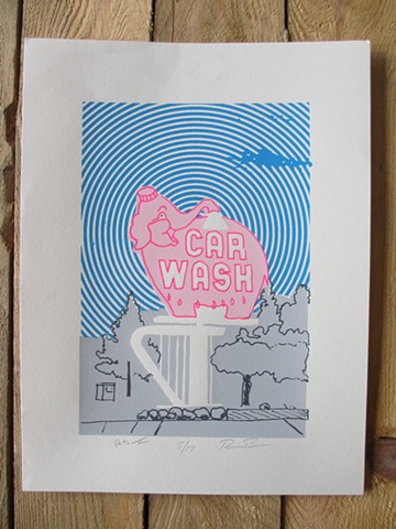 Pink Elephant Car Wash screen print with blue background 