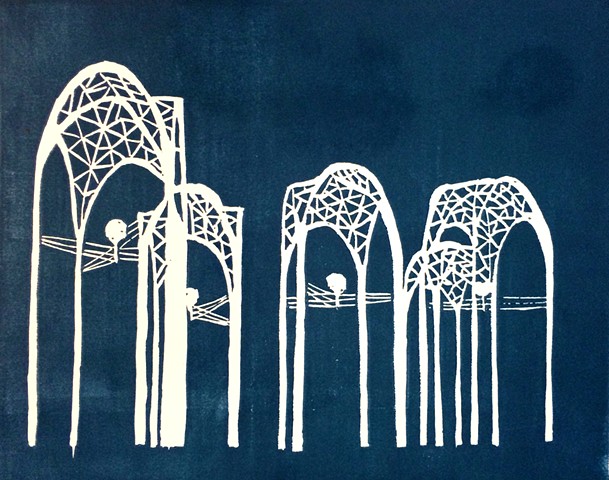 Blue single layer linocut print of seattle science center towers 