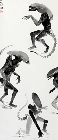 Detail From Alien, Acrylic on traditional Chinese Scroll, 2012