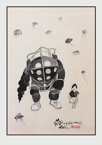 Bioshock, 22 x 65", Acrylic on Chinese Scroll, 2012

