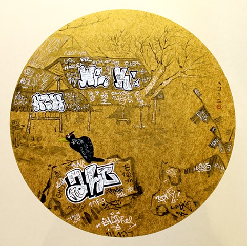 AS01E14, 15.7 x 15.7", Acrylic on Golden leaf, 2012