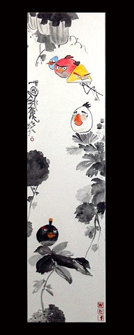 Angry Birds, Acrylic on Traditional Chinese scroll , 2011