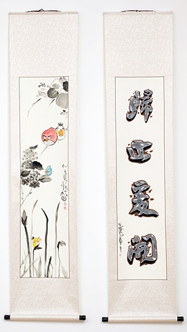 “Angry Birds II & Califfiti II”, 77 x 16.5 inches each,  acrylic on traditional Chinese scroll, 2012