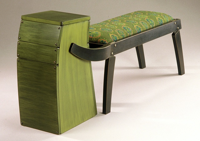 Bench and table in realtionship, mahogany and milk paint, elyse allen textiles