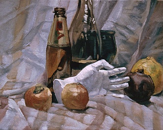 Still Life with plaster hand and fruit