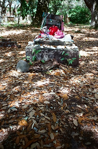 little girl in rum keg ground level with leaves in foreground.