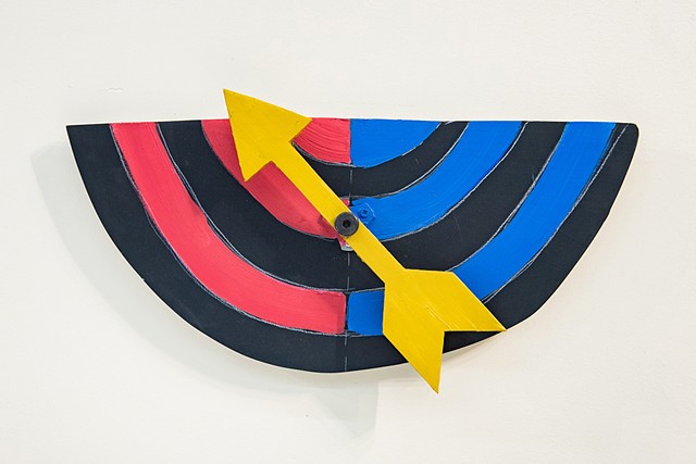 Kinetic sculpture spins by way of human interaction, painted in oil and drawn on