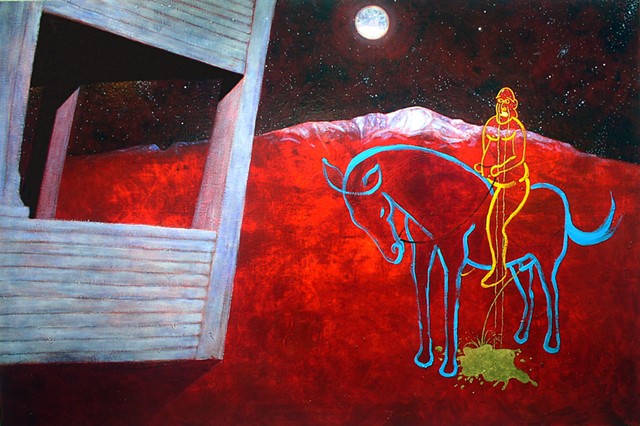 Confluence horse-Pikes Peak-moon night stars-gold leaf-gold gilding-childhood anger grief house by Steve Veatch