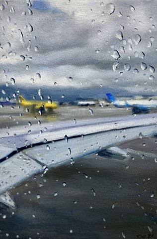 Oil painting of an airport through a rainy window