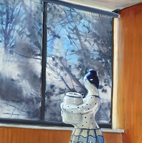 Oil painting of a blue and white figurine