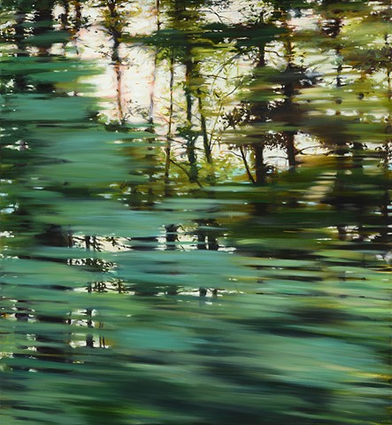 Oil painting depicting a drive alongside a mountain lake at sunset