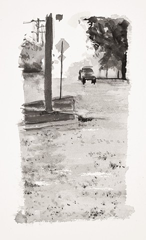 Ink drawing of a rainy intersection.