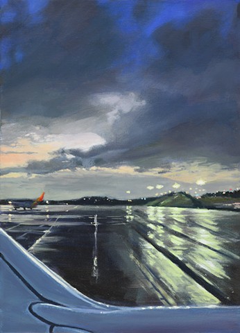 Painting of a rainy tarmac from airplane window seat