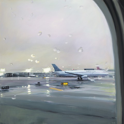 Painting of a rainy tarmac from airplane window seat