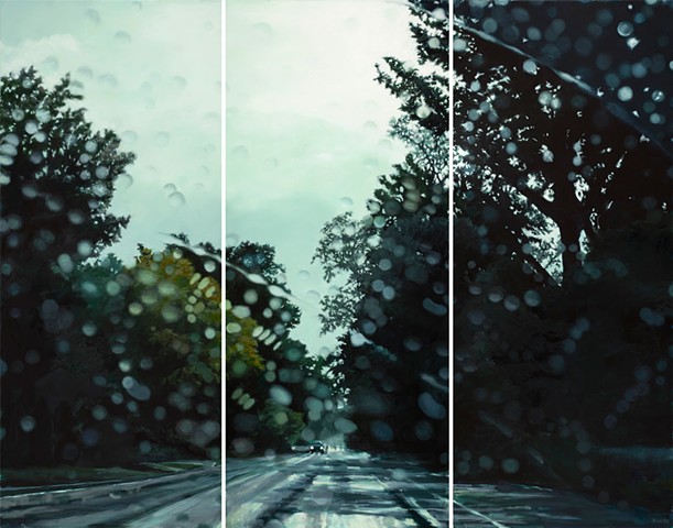 Oil landscape painting of a suburban street in the rain