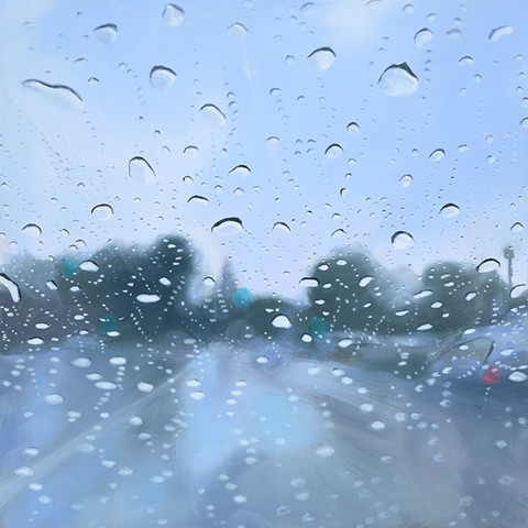 Painting of a rainy California street through a car window