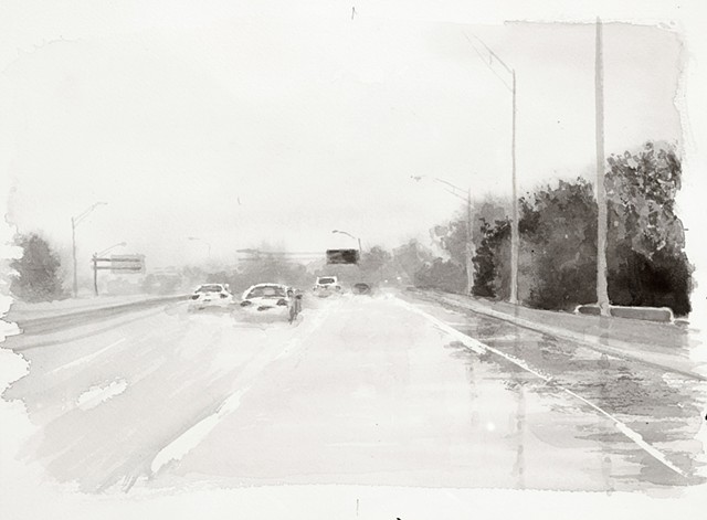 Ink drawing of a rainy highway.