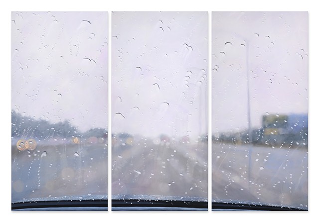 Oil painting of road through a rainy windshield