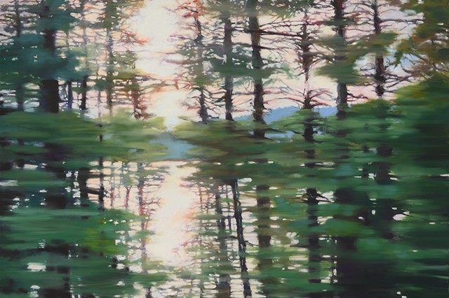 Driving at sunset alongside a mountain lake oil painting
