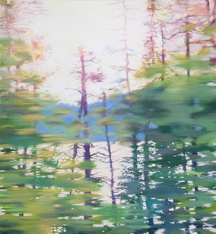 Oil painting showing movement of a drive at sunset alongside a mountain lake.