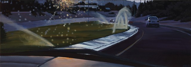 Oil painting of a freeway onramp with sprinklers