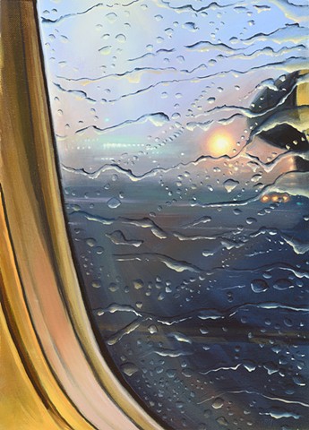 Painting of a rainy tarmac from airplane window seat
