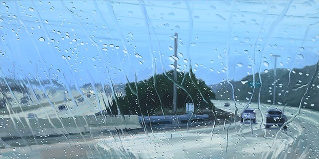 Oil painting of freeway through a rainy windshield
