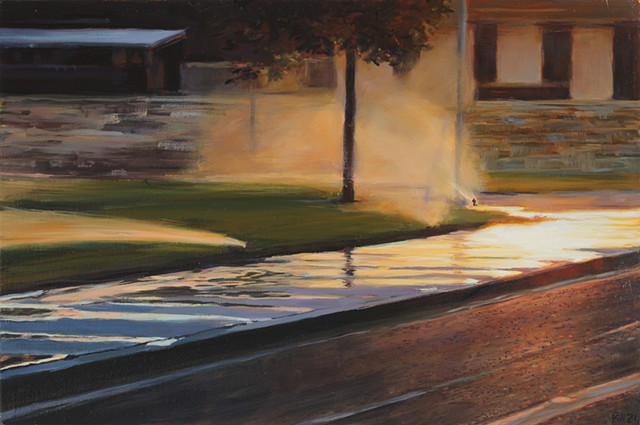 Oil Painting of a sprinkler along a street