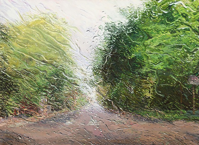 Oil painting of road through a rainy windshield