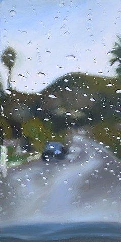 Oil painting of road through a rainy windshield