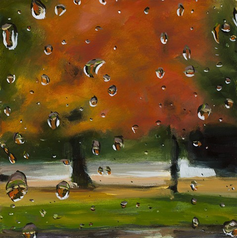 Oil painting of road through a rainy windshield