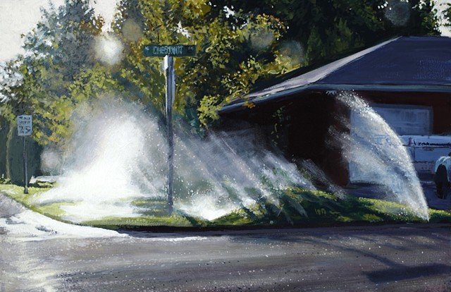 Oil Painting of a sprinkler along a suburban street